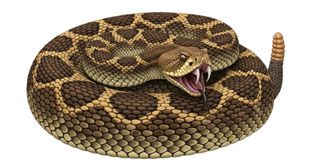Fierce vector illustration of a Diamondback rattlesnake, coiled with fangs exposed, symbolizing danger and aggression. Ideal for warning signs or wildlife art.