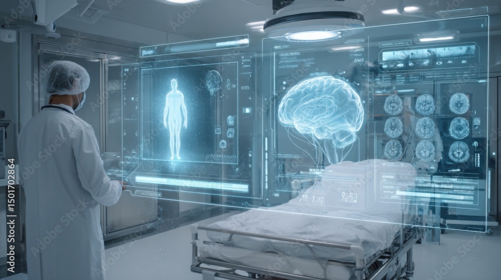 Poster a high-tech hospital room with an ai interface analyzing brain and body scans in real time