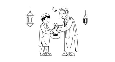 Eid Gift Exchange An Elderly Man Presents a Bag to a Young Boy