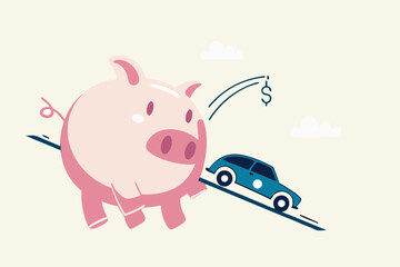 Saving money for new car, automobile expense and cost or car loan concept, wealthy piggybank open container loading deliver new car to new owner.