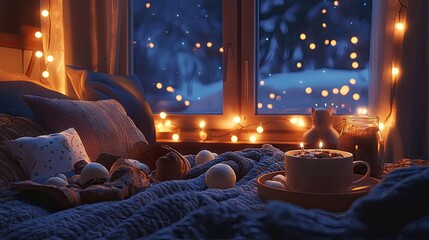Cozy winter bedroom scene with warm lighting.