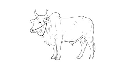Line Art Illustration of a Brahman Bull with Bell