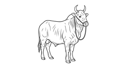 Line Art Illustration of a Brahman Bull Wearing a Halter