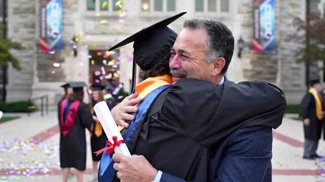 A father embraces graduating child in graduation gown and cap, celebrating the academic achievement with confetti and other graduates on campus