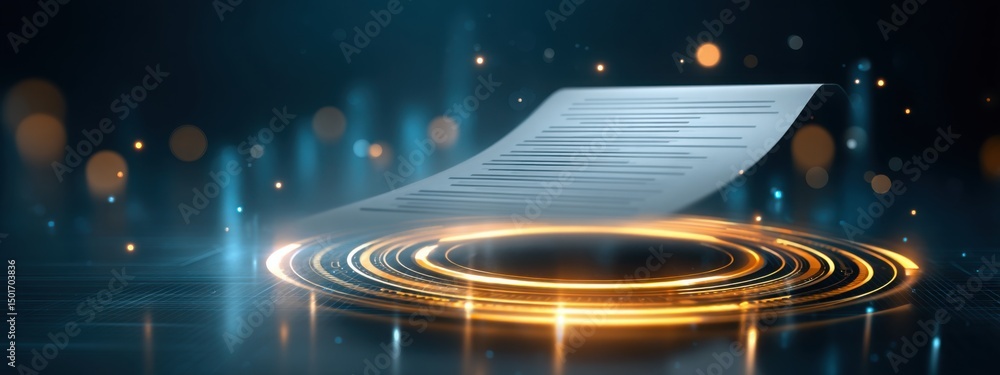 Poster floating holographic blank form surrounded by digital data particles, sci-fi office environment