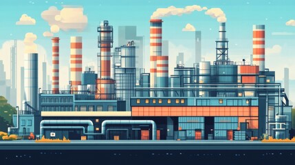 Industrial cityscape with smokestacks and factory buildings under a bright sky.