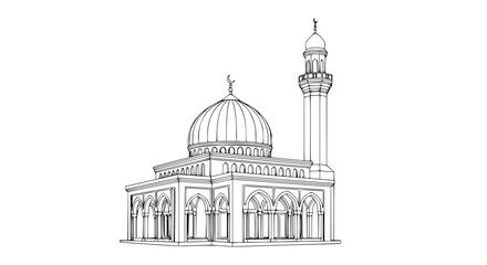 Line Drawing of a Mosque with Dome and Minaret