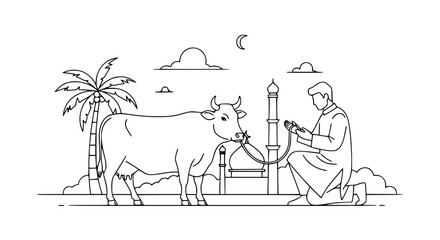 Man Kneeling Beside Cow Near Mosque Palm Tree Line Art