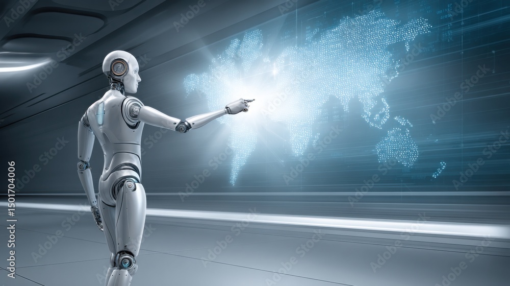 Poster futuristic robot pointing at a glowing digital world map, high-tech control room in the background