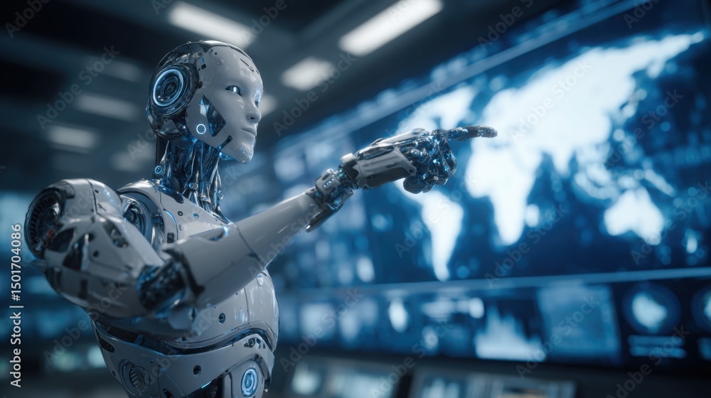Poster futuristic robot pointing at a glowing digital world map, high-tech control room in the background