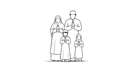 Muslim Family in Prayerful Pose Line Art Illustration