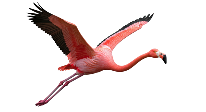 Artistic illustration of a vibrant pink flamingo in full flight, showcasing detailed feathers and elegant form. Isolated on white, perfect for wildlife art.