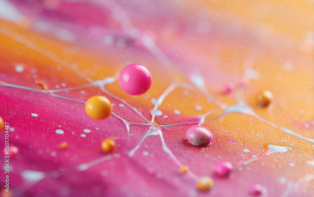Poster macro close-up of paint drop on modern abstract canvas, vivid neon colors, chaotic splatter pattern