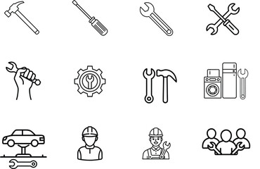 Repair tools icons set in liner art. Screwdriver, gear, wrench, settings and repair vector icons