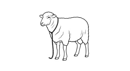 Tethered Sheep Line Art Illustration of a FleeceCovered Animal