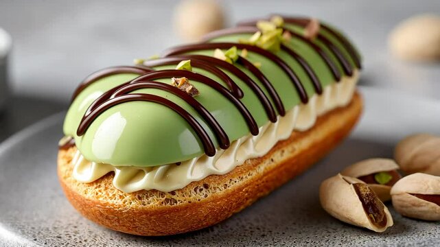 Gourmet pistachio eclair with chocolate drizzle on elegant plate