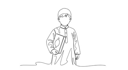 Young Muslim Boy in Traditional Clothing Holding Qur'an - Continuous Line Art Vector