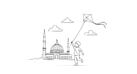 Naklejka premium Boy Joyfully Flying Kite Near Mosque Under Cloudy Sky