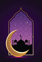 Golden crescent moon with mosque in window vector poster