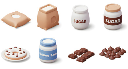 Baking ingredients set with flour, sugar, baking soda and chocolate