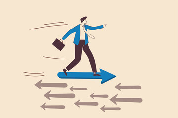 Contrary investment, be different in opposite direction concept, businessman riding arrow in different direction or other people or mainstream.