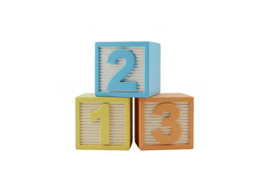 Stack of three colorful toy blocks displaying the numbers one two and three set up isolated on transparent background