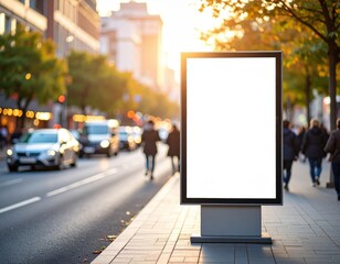 Blank billboard on city sidewalk at sunset with blurred traffic and pedestrians