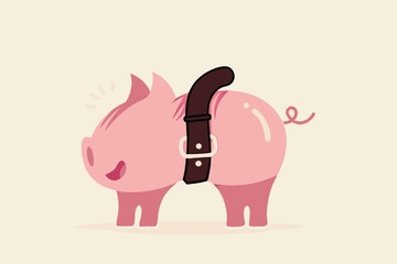 Tighten belt to reduce budget or spending, financial crisis or economic slow down, keep cost and expense low to survive, pink piggybank tighten belt on his belly metaphor of saving cost.