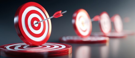 Red arrow hitting bullseye targets in a sequence.