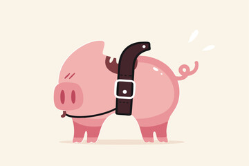 Tighten belt to reduce budget or spending, financial crisis or economic slow down, keep cost and expense low to survive, pink piggybank tighten belt on his belly metaphor of saving cost.