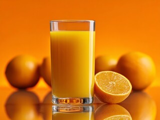 Freshly squeezed orange juice in glass with oranges around, bright background