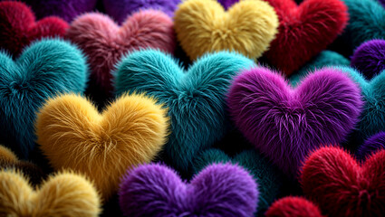 Colorful fluffy heart shapes with soft fur texture arranged closely together on dark background – 3D love-themed digital artwork