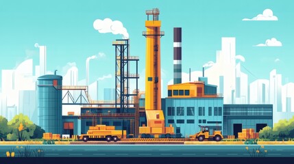 Obraz premium Industrial complex with smokestacks, factories, and vehicles on a sunny day.