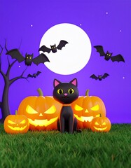 halloween cat background with pumpkin cartoon 