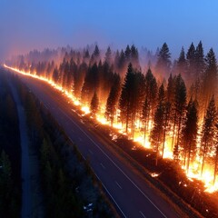 A dangerous wildfire burns along a forest road at dusk, creating a dramatic scene of destruction and highlighting the urgent need for fire prevention and safety.