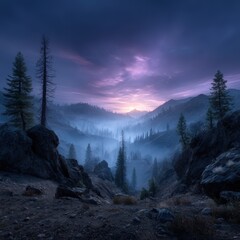 The majestic mountain valley is shrouded in a mystical fog at twilight, with silhouetted trees and rocks adding to the scenic drama and serene mood.