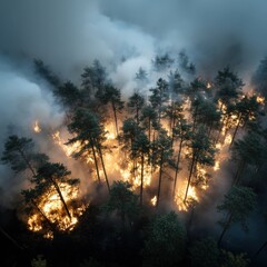 An aerial view shows the devastating effects of a wildfire consuming a forest, with thick smoke rising from the flames and engulfing the trees in a destructive blaze.