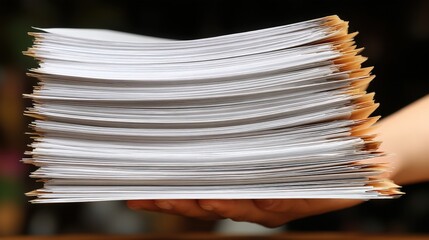 A person holds a large stack of white papers with orange dividers, suggesting a heavy workload or many documents requi organization and attention to detail.