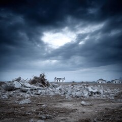 Amidst rubble and ominous clouds, the desolate landscape reveals ruined houses under a stormy sky, evoking feelings of abandonment and loss in the aftermath.