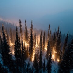 An aerial view captures the ethereal glow of lights led among snow-covered evergreen trees, creating a magical winter forest scene at dusk, so serene.