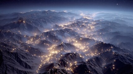 Aerial view showcasing a majestic mountain range illuminated by scattered city lights, creating a captivating contrast against the dark night sky and misty atmosphere.