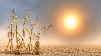 Scorching sun beats down on a parched cornfield where withered stalks stand as a stark reminder of the devastating effects of prolonged drought conditions today.