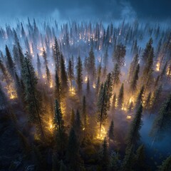 An ethereal foggy forest is softly illuminated by unseen lights, creating a mystical and enchanting nocturnal atmosphere among the tall evergreen trees.