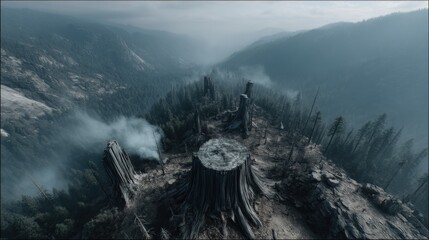 An aerial view captures the stark reality of deforestation as tree stumps dot a mountain ridge veiled in mist against a backdrop of dense forests stretching afar.