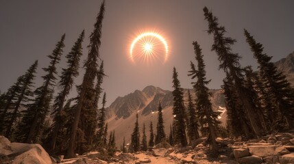 In a mountainous landscape, a total solar eclipse creates a halo effect around the sun as seen through tall pine trees du a spectacular celestial event.
