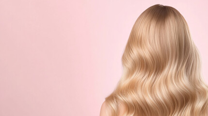 Naklejka premium Shimmering bouncy waves with flawless high shine effect on long blonde hair against soft pink background, creating elegant and smooth appearance