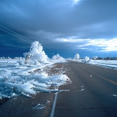 Winter road covered in ice and snow leads toward houses under a moody sky with trees sparkling with frozen crystals in a cold and frosty countryside scene.