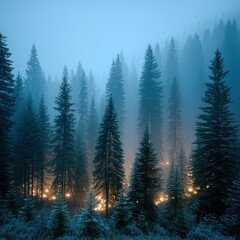Ethereal light glows beneath a forest of tall evergreens shrouded in dense blue mist, creating a serene and mystical winter landscape at twilight hour.