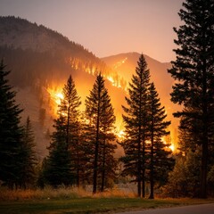 Wildfire burns intensely across a mountainside forest as tall evergreen trees stand silhouetted against the orange glow du a hot, dry evening in nature.