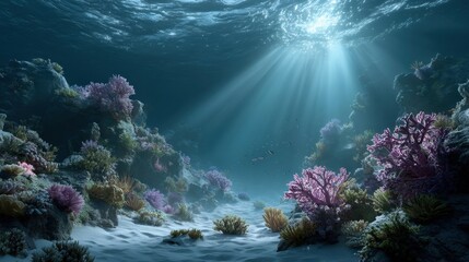 Sunlight streams through the ocean's surface illuminating colorful coral reefs along the seafloor in this calming and serene underwater marine environment scene.